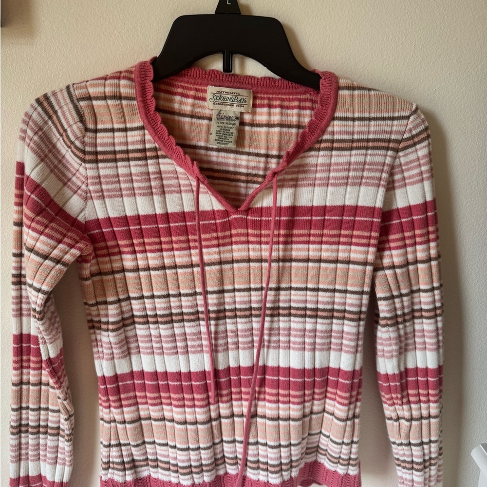 St. John's Bay Pink & Cream Striped Ribbed V-Neck Hoodie